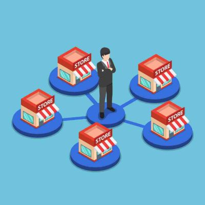 Isometric businessman standing with shopping store network.