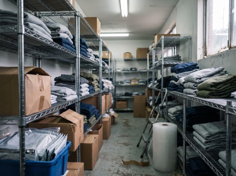 A compact fulfillment room with wire shelving holding folded apparel, mixed shipping boxes, poly mailers, and a roll of bubble wrap.